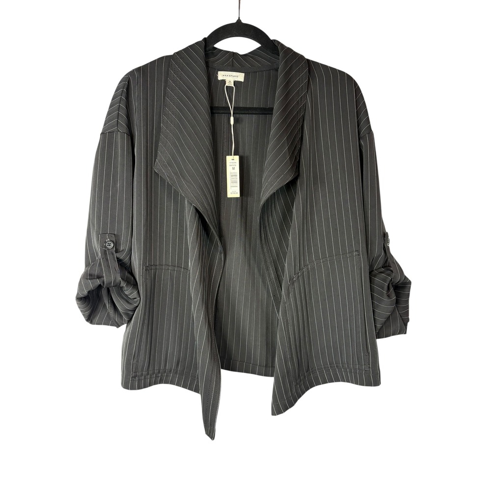 Max Studio Pinstripe Draped Open Front Jacket Roll Tab Sleeve Black M